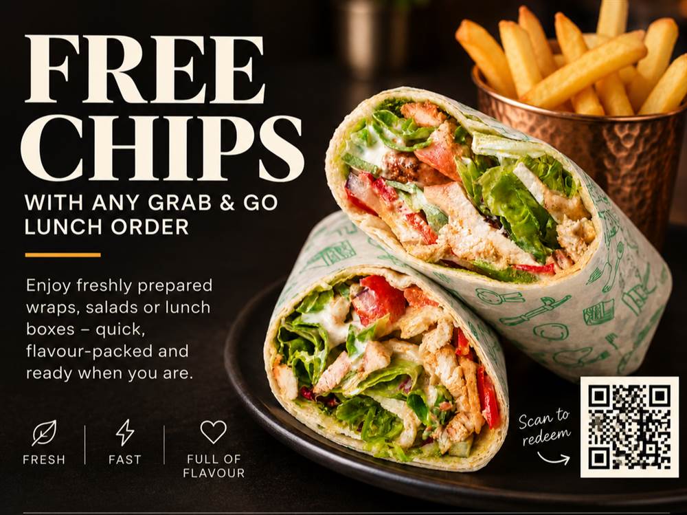 Redeem 1 CC for FREE chips with any Grab & Go lunch order.
